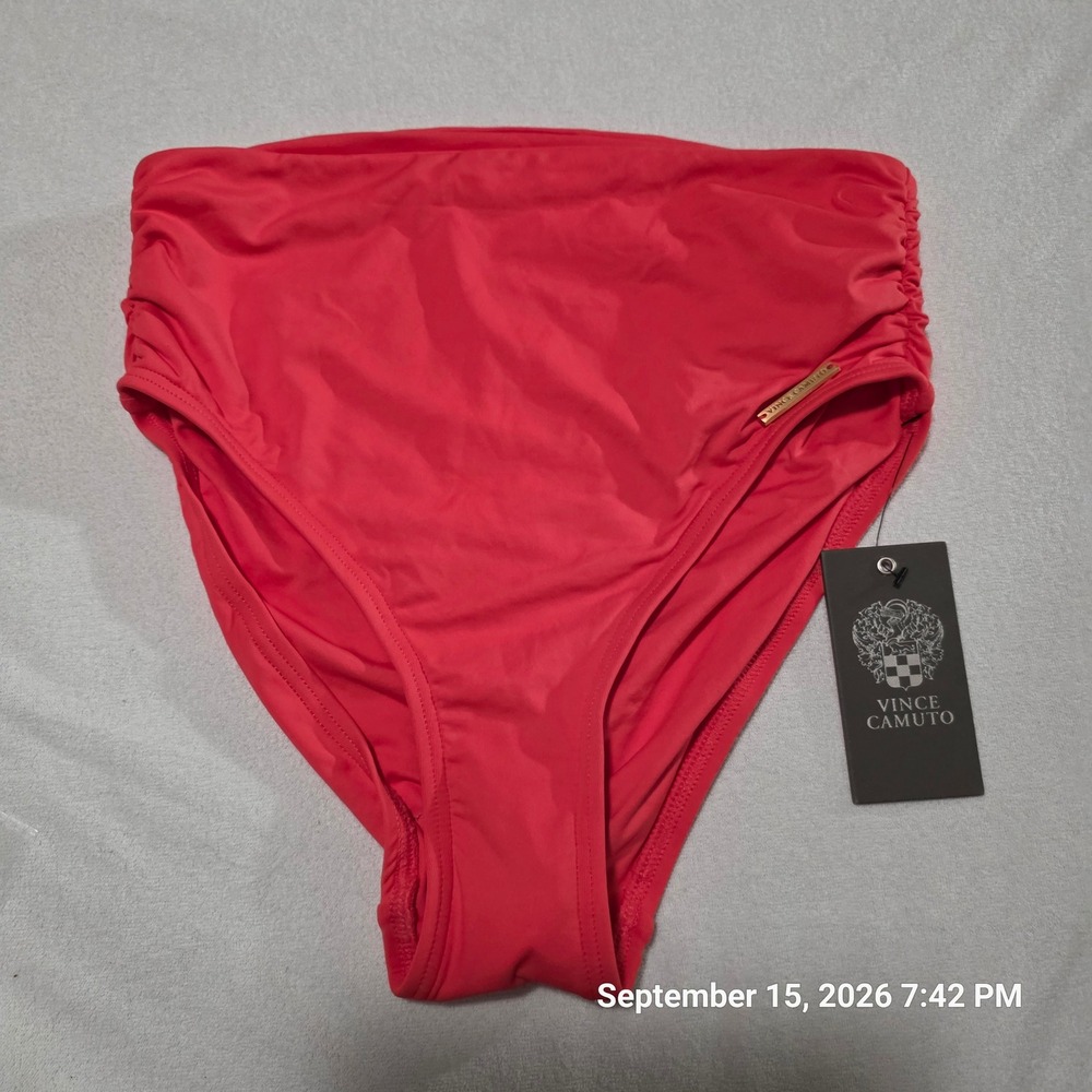 Vince Camuto Womens High Waisted Bikini Bottoms Coral Pink Ruched Size XS NWT